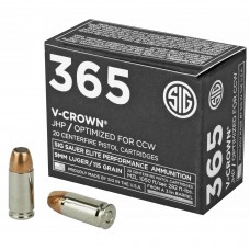 Sig Sauer Elite Performance V-Crown Ammunition, 9MM, 115 Grain, Jacketed Hollow Point, Designed for Short Barrel Pistols, Low Recoil, 20 Round Box E9MMA1-365-20