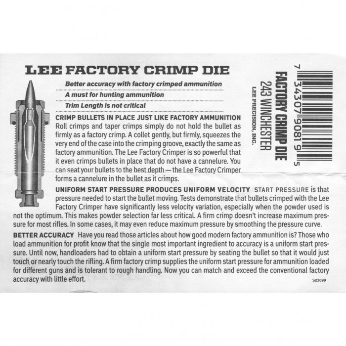 Lee Precision Factory Crimp Die .243 Winchester Parts : Lee ...