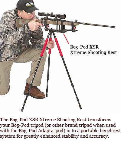 The Bog-Pod XSR Xtreme Shooting Rest installed on a Bog-Pod tripod supporting a rifle